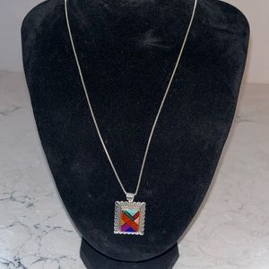 Navajo Inlaid & Block Gemstone Pendant .925 Silver